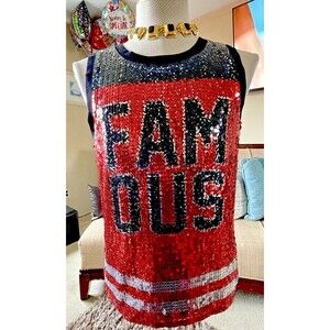 Y2K Move U Graphic Tank Top "FAMOUS" Women's SM Sequins Grunge Embellished Bling